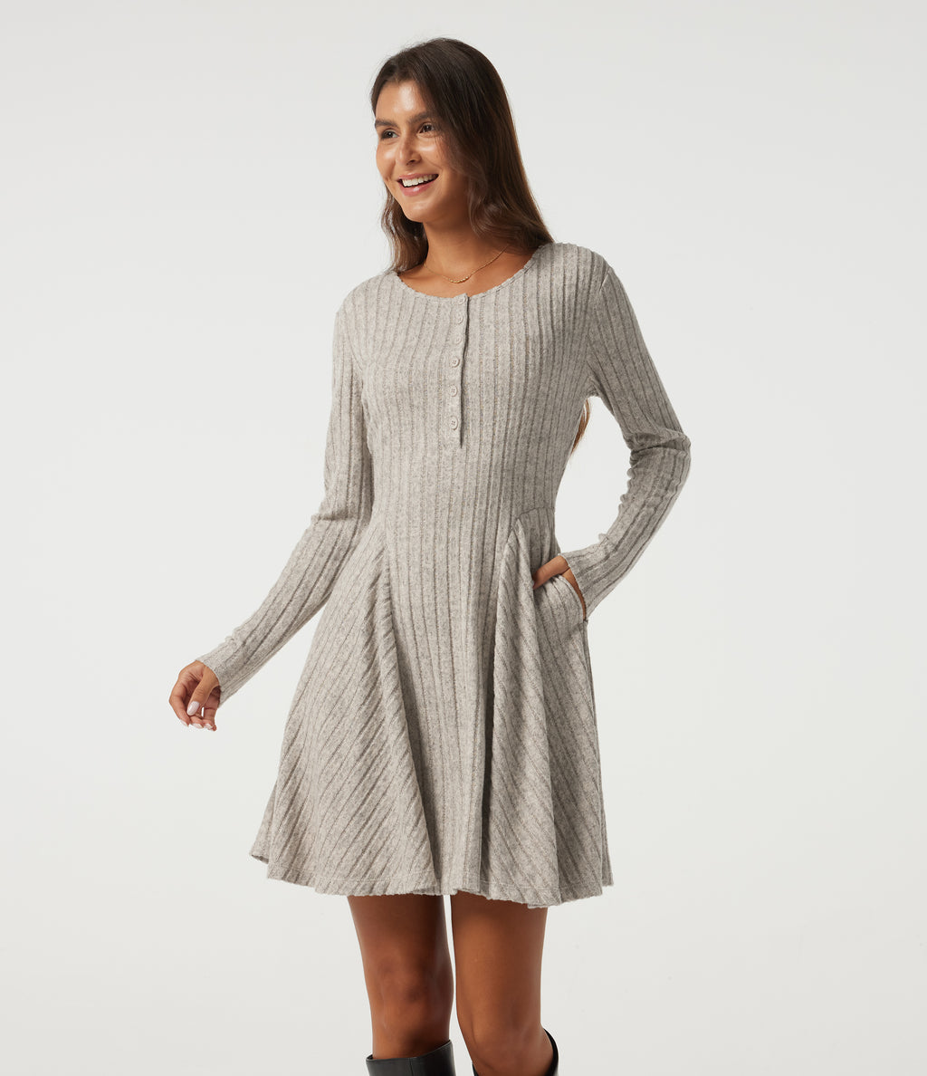Ribbed Knit Henley Neck Long Sleeve Mini Casual Dress with Pockets — Warm Grey Floral Velvet — view 4