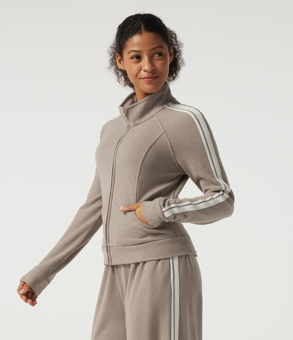 Stand Collar Raglan Long Sleeve Stripe Running Jacket with Pockets — Oatstone Beige — view 3