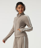 Stand Collar Raglan Long Sleeve Stripe Running Jacket with Pockets — Oatstone Beige — view 3