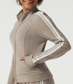 Stand Collar Raglan Long Sleeve Stripe Running Jacket with Pockets — Oatstone Beige — view 6