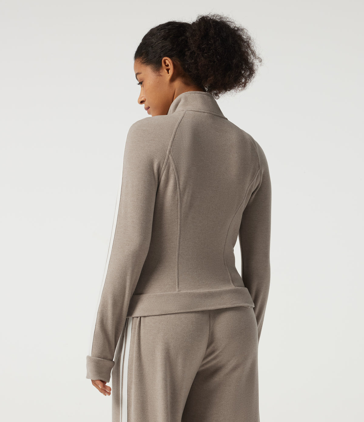 Stand Collar Raglan Long Sleeve Stripe Running Jacket with Pockets — Oatstone Beige — view 2