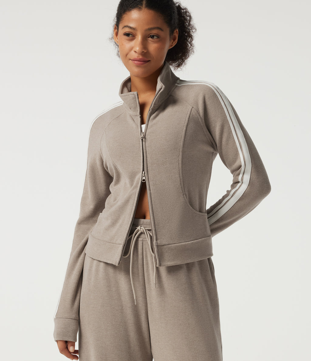 Stand Collar Raglan Long Sleeve Stripe Running Jacket with Pockets — Oatstone Beige — view 1