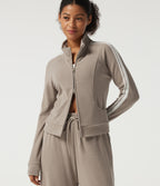 Stand Collar Raglan Long Sleeve Stripe Running Jacket with Pockets — Oatstone Beige — view 1