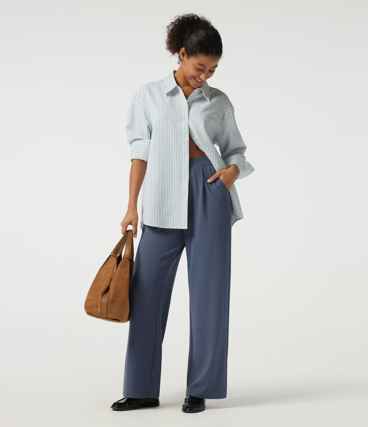 High Waisted Straight Leg Work Trousers with Pockets — Grisaille — view 6