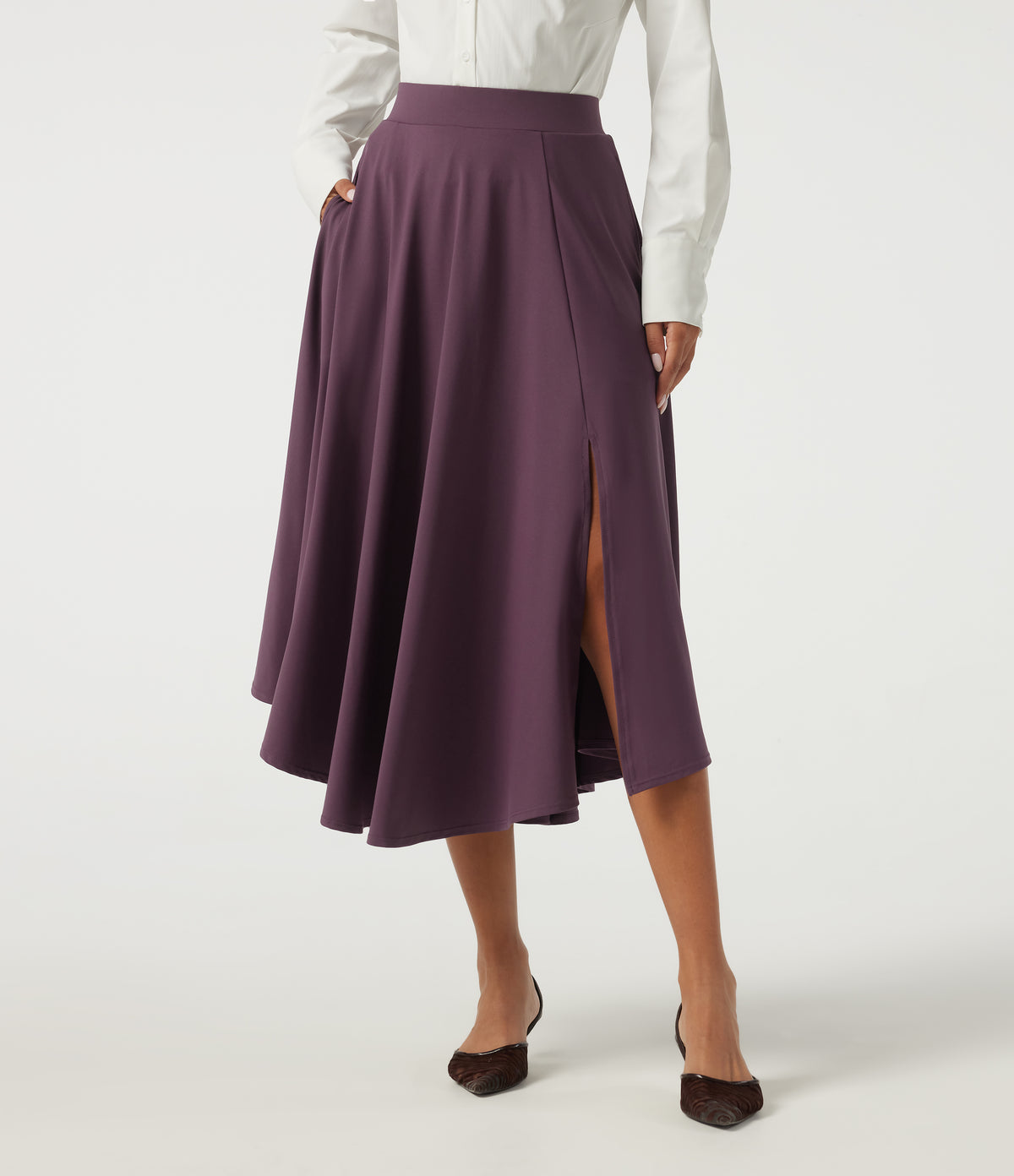 High Waisted A Line Midi Casual Skirt with Pockets — Plum Wine — view 1
