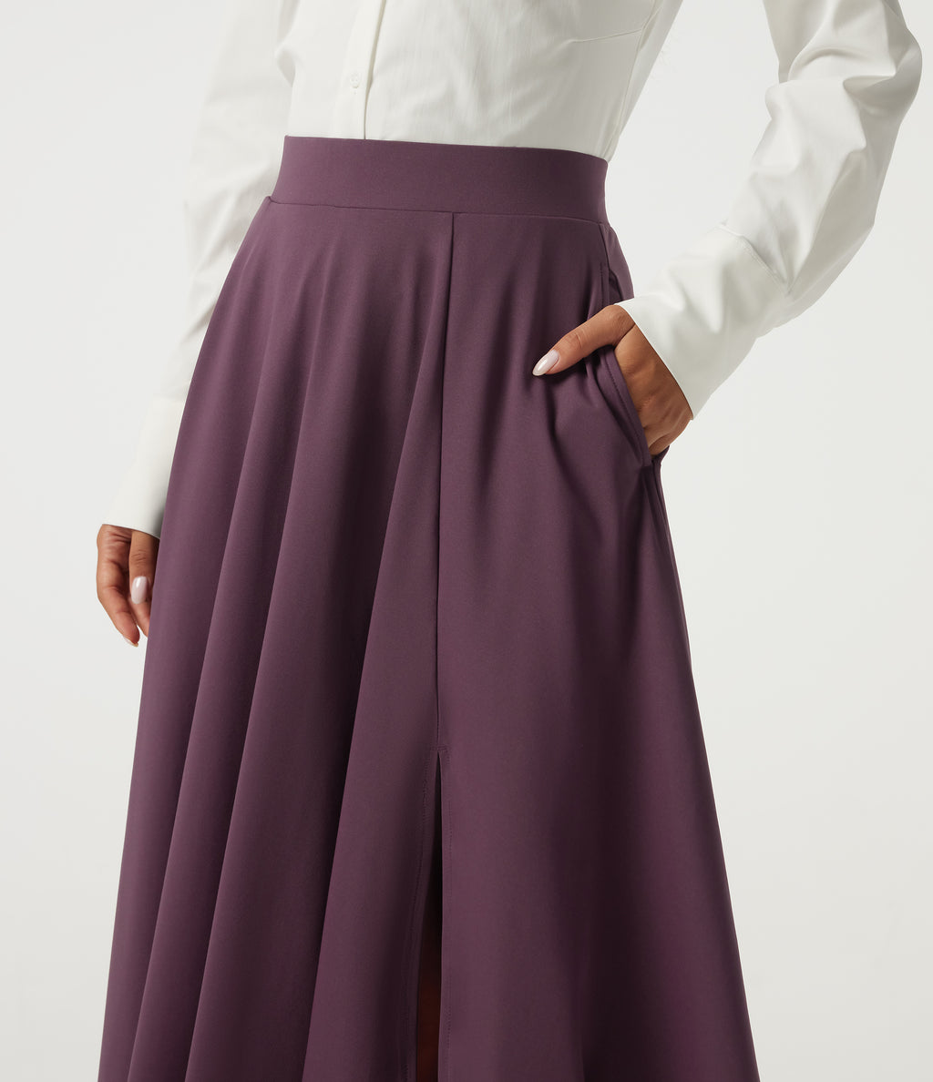High Waisted A Line Midi Casual Skirt with Pockets — Plum Wine — view 5