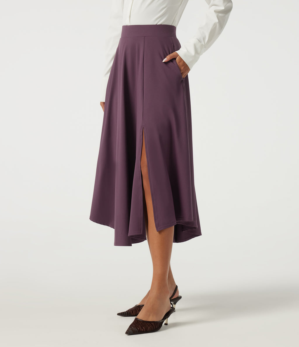 High Waisted A Line Midi Casual Skirt with Pockets — Plum Wine — view 3