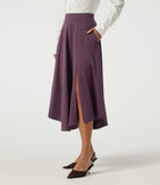 High Waisted A Line Midi Casual Skirt with Pockets — Plum Wine — view 3