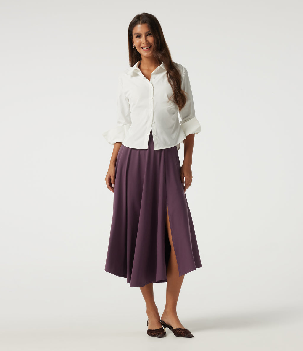 High Waisted A Line Midi Casual Skirt with Pockets — Plum Wine — view 7