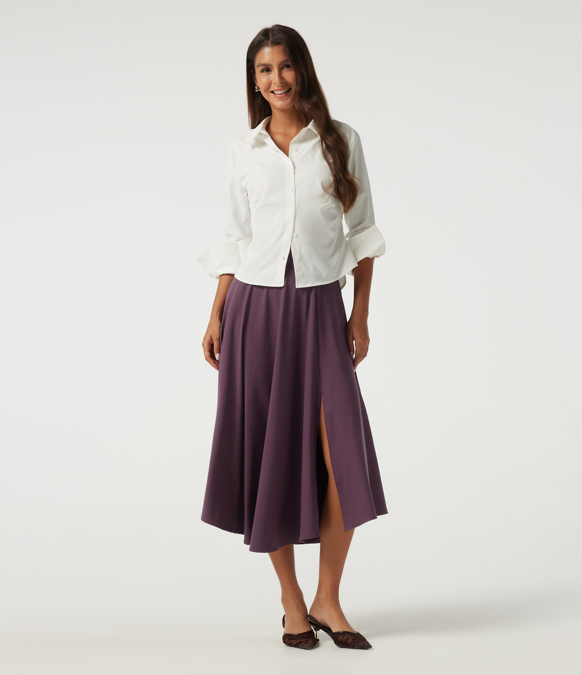 High Waisted A Line Midi Casual Skirt with Pockets — Plum Wine — view 7