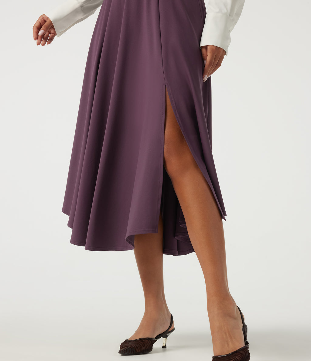 High Waisted A Line Midi Casual Skirt with Pockets — Plum Wine — view 4