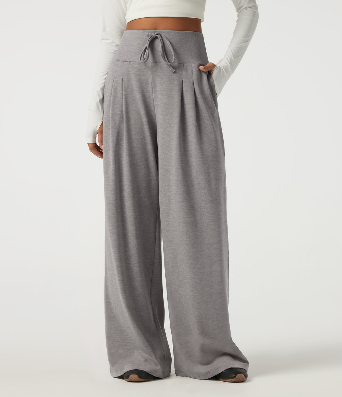 High Waisted Baggy Embroidery Casual Sweatpants with Pockets — Mottled Earth Gray — view 3