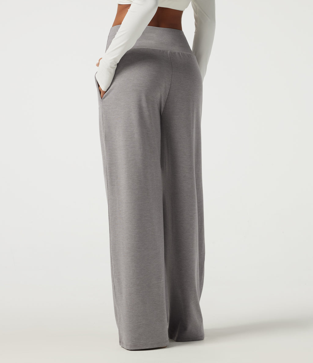 High Waisted Baggy Embroidery Casual Sweatpants with Pockets — Mottled Earth Gray — view 2