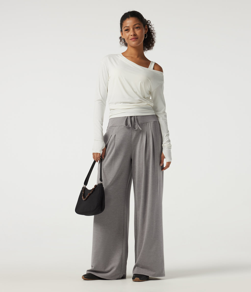 High Waisted Baggy Embroidery Casual Sweatpants with Pockets — Mottled Earth Gray — view 6