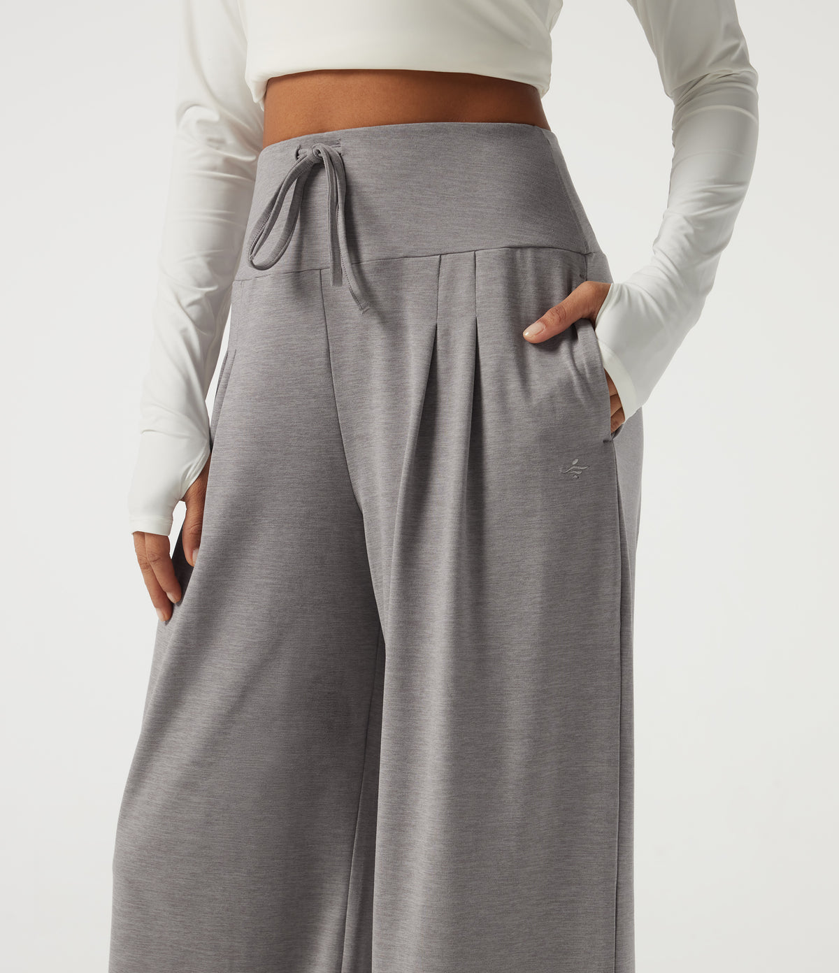 High Waisted Baggy Embroidery Casual Sweatpants with Pockets — Mottled Earth Gray — view 4