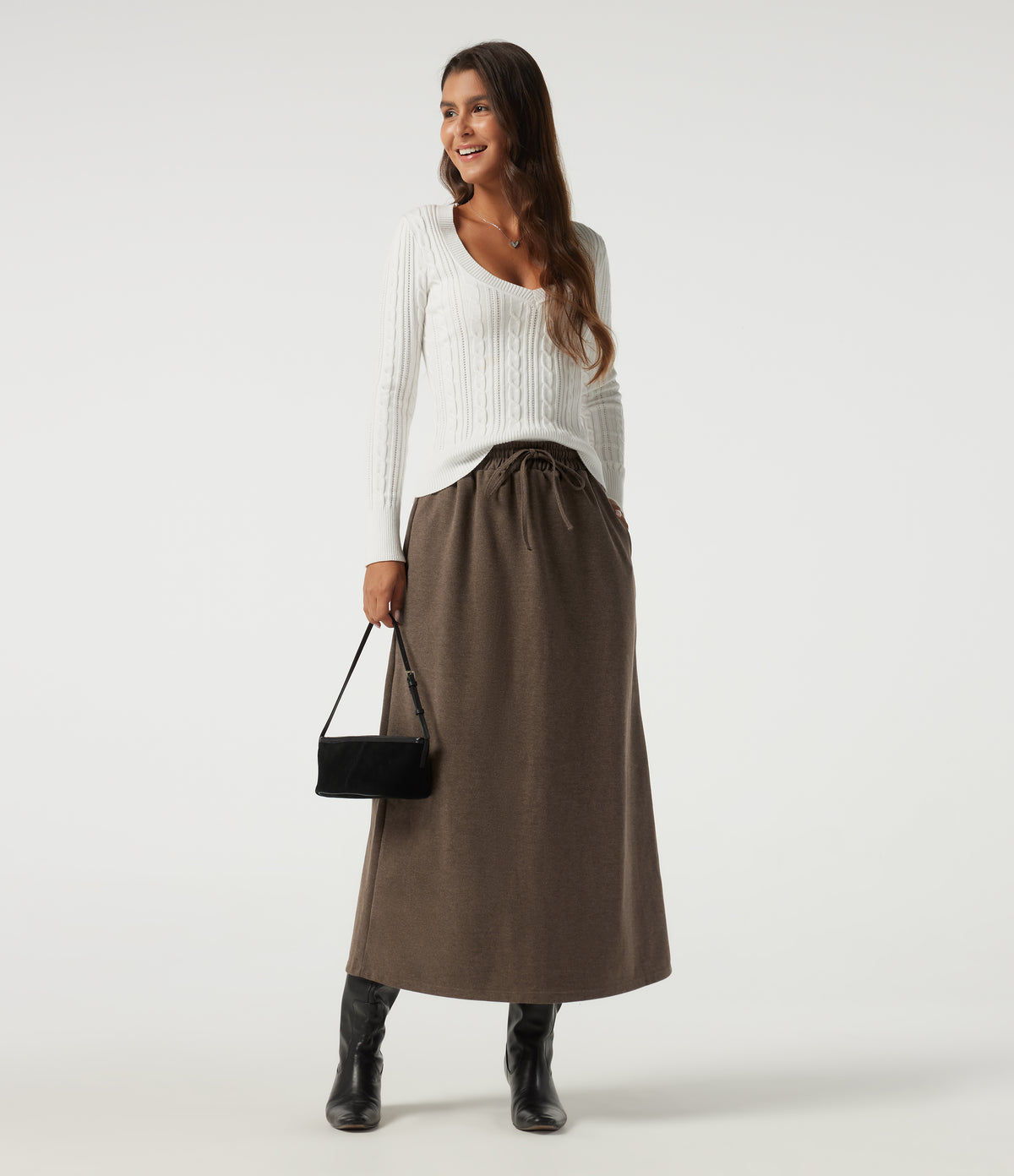 High Waisted Drawstring A-Line Casual Midi Skirt with Pockets — Walnut Shell — view 6
