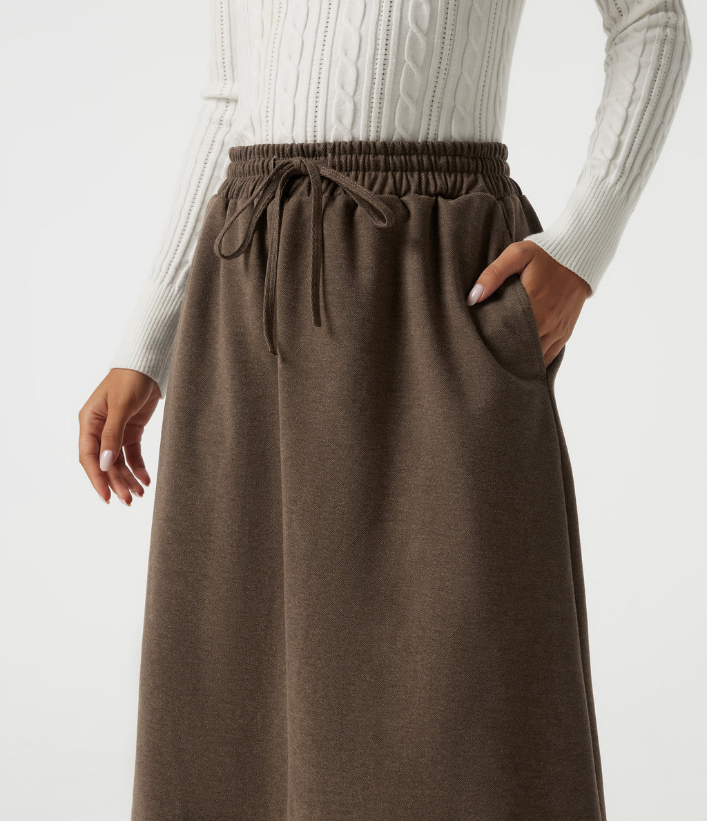 High Waisted Drawstring A-Line Casual Midi Skirt with Pockets — Walnut Shell — view 4