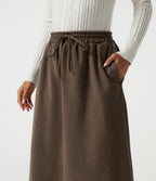 High Waisted Drawstring A-Line Casual Midi Skirt with Pockets — Walnut Shell — view 4