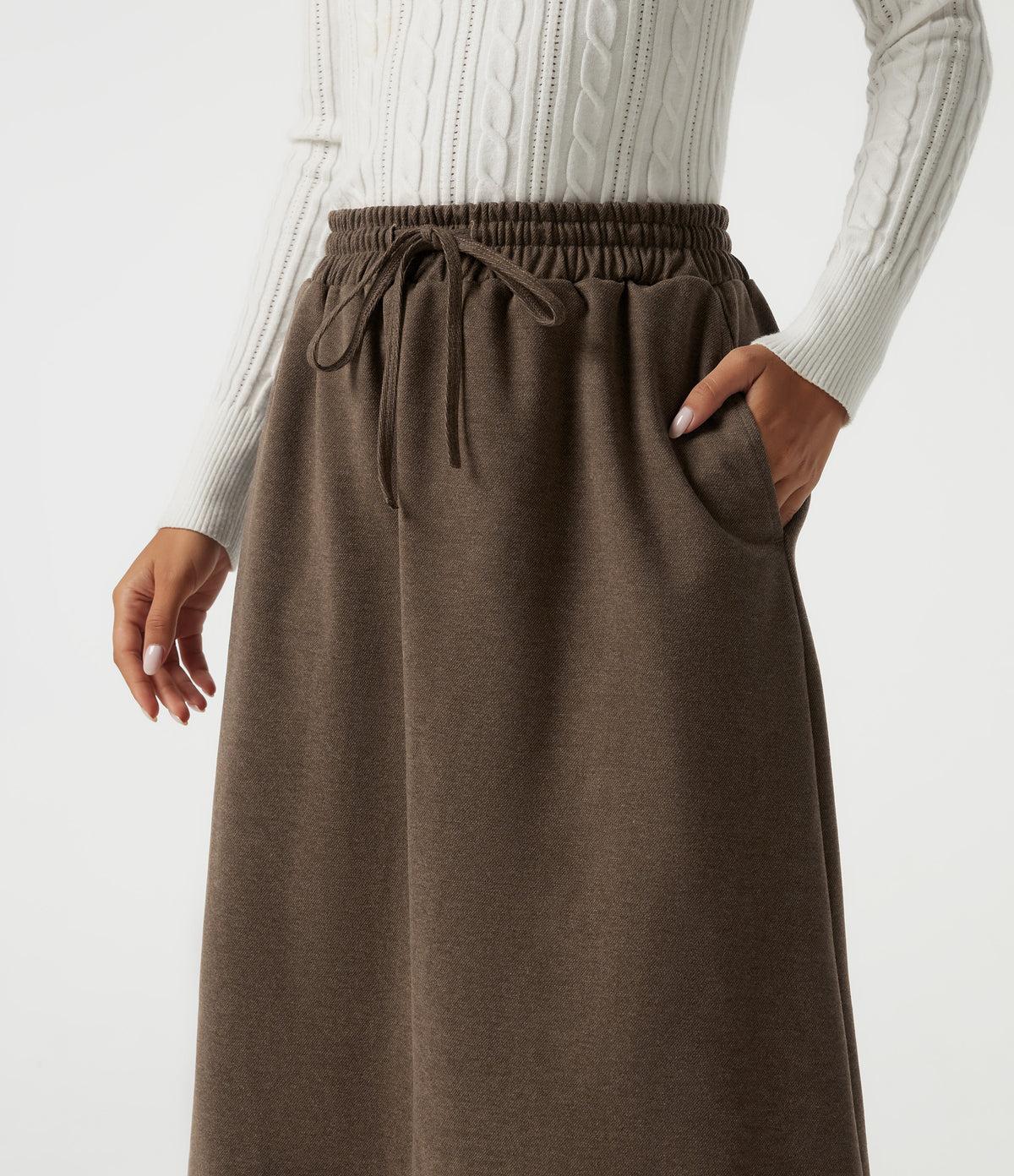 High Waisted Drawstring A-Line Casual Midi Skirt with Pockets — Walnut Shell — view 4