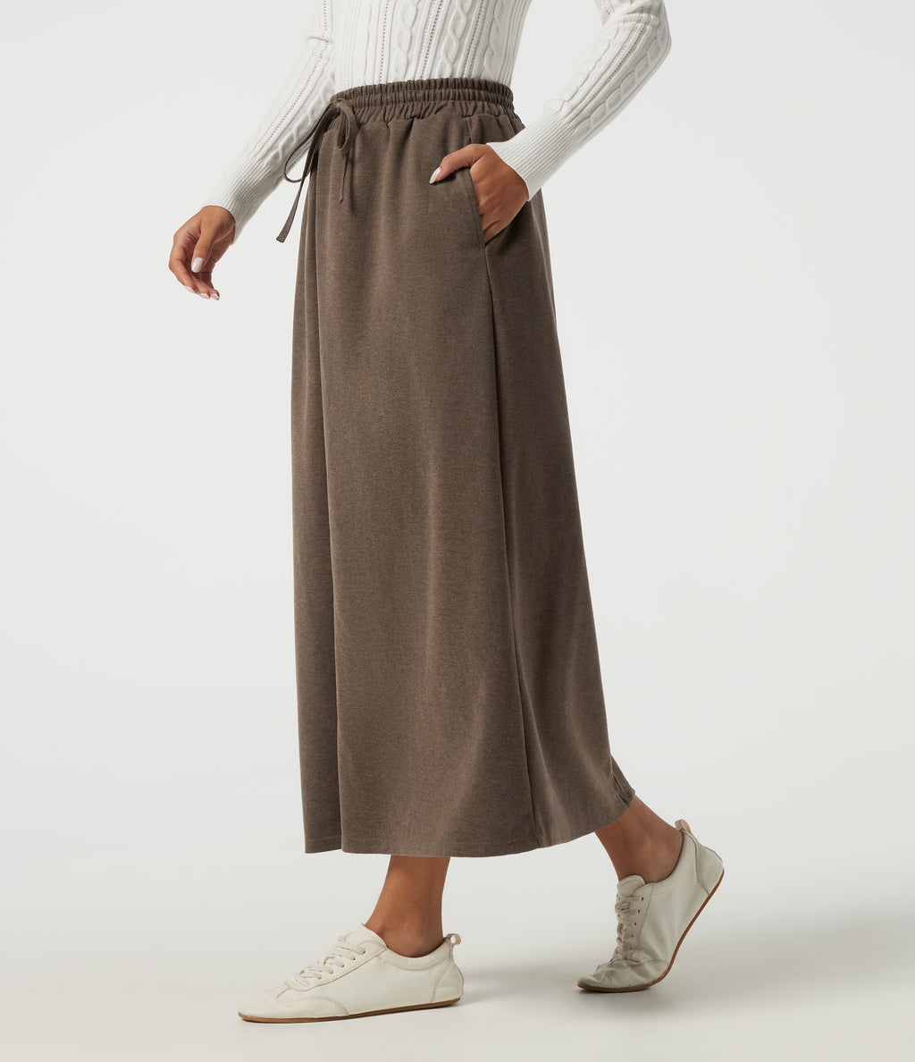 High Waisted Drawstring A-Line Casual Midi Skirt with Pockets — Walnut Shell — view 3