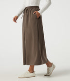High Waisted Drawstring A-Line Casual Midi Skirt with Pockets — Walnut Shell — view 3