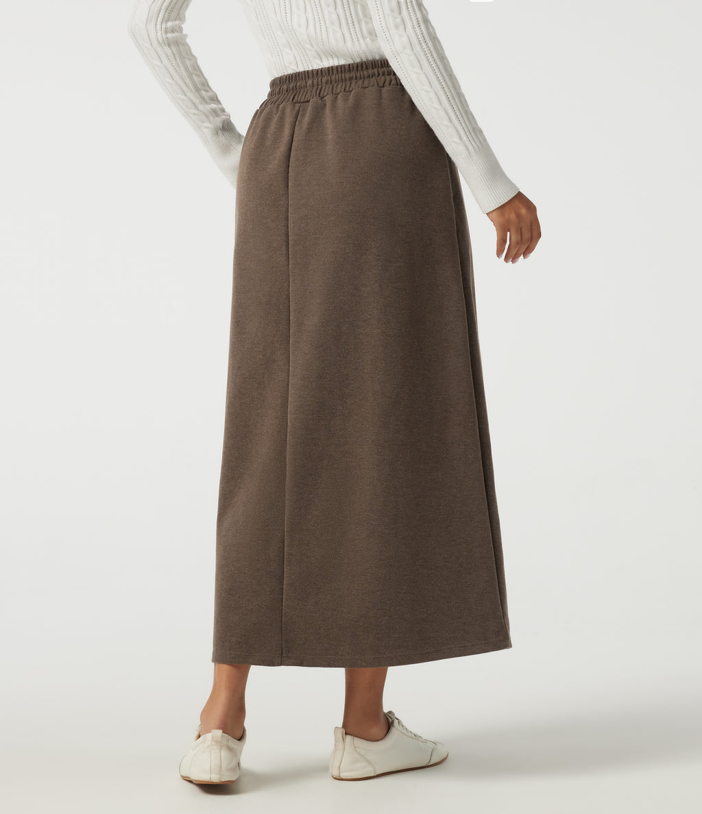 High Waisted Drawstring A-Line Casual Midi Skirt with Pockets — Walnut Shell — view 2