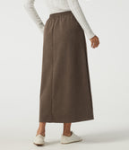 High Waisted Drawstring A-Line Casual Midi Skirt with Pockets — Walnut Shell — view 2