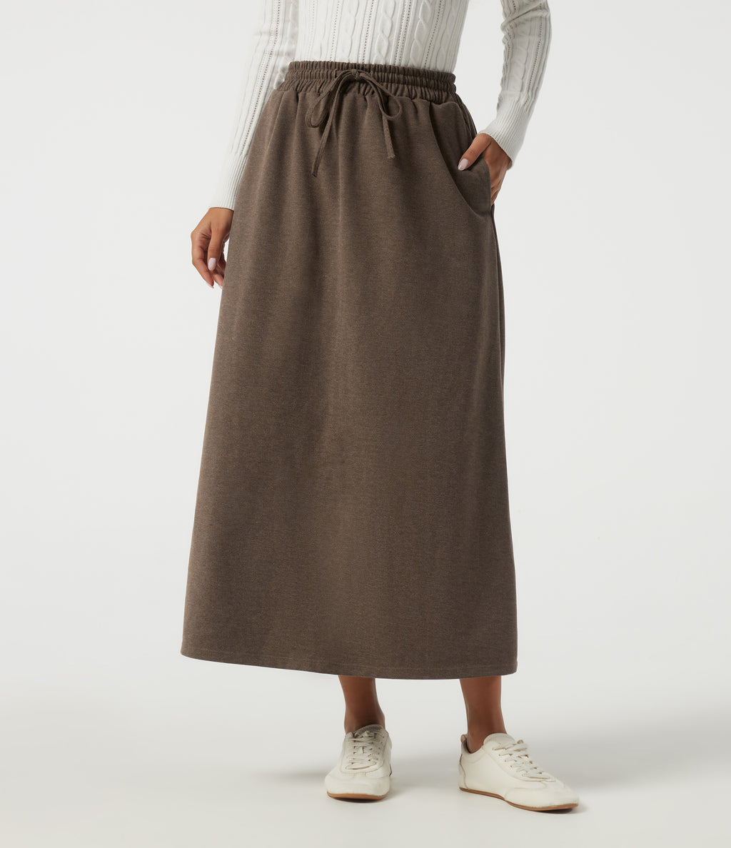 High Waisted Drawstring A-Line Casual Midi Skirt with Pockets — Walnut Shell — view 1