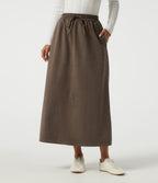 High Waisted Drawstring A-Line Casual Midi Skirt with Pockets — Walnut Shell — view 1