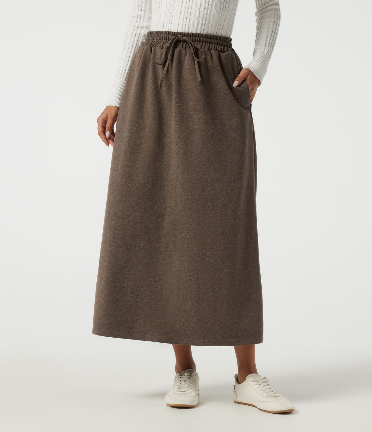 High Waisted Drawstring A-Line Casual Midi Skirt with Pockets — Walnut Shell — view 1