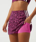 High Waisted Tummy Control A-Line Side Stripe Leopard Print Workout Mini Skirt with Built-in Shorts and Pockets — Black and Fuchsia Leopard Print — view 7