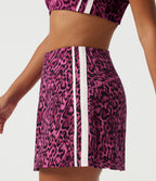 High Waisted Tummy Control A-Line Side Stripe Leopard Print Workout Mini Skirt with Built-in Shorts and Pockets — Black and Fuchsia Leopard Print — view 5