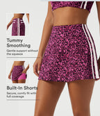 High Waisted Tummy Control A-Line Side Stripe Leopard Print Workout Mini Skirt with Built-in Shorts and Pockets — Black and Fuchsia Leopard Print — view 1