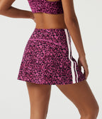 High Waisted Tummy Control A-Line Side Stripe Leopard Print Workout Mini Skirt with Built-in Shorts and Pockets — Black and Fuchsia Leopard Print — view 2