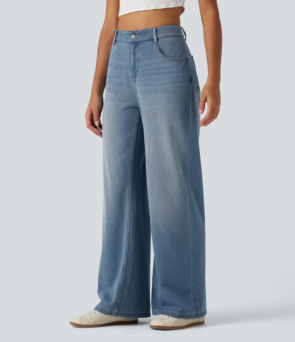 Denim Heat Mid Rise Wide Leg Casual Jeans with Pockets — Blue Jasper Denim — view 3