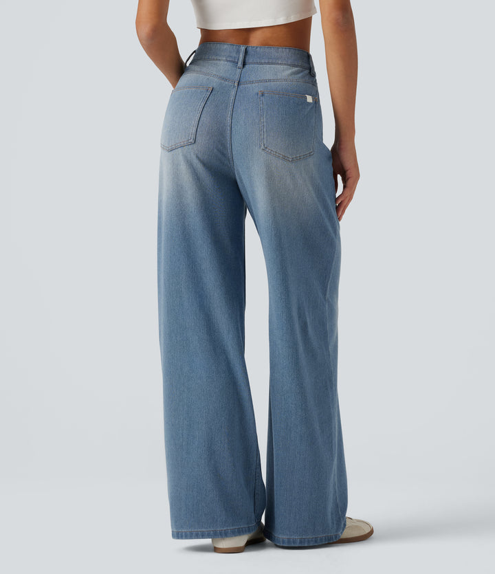 Denim Heat Mid Rise Wide Leg Casual Jeans with Pockets — Blue Jasper Denim — view 2