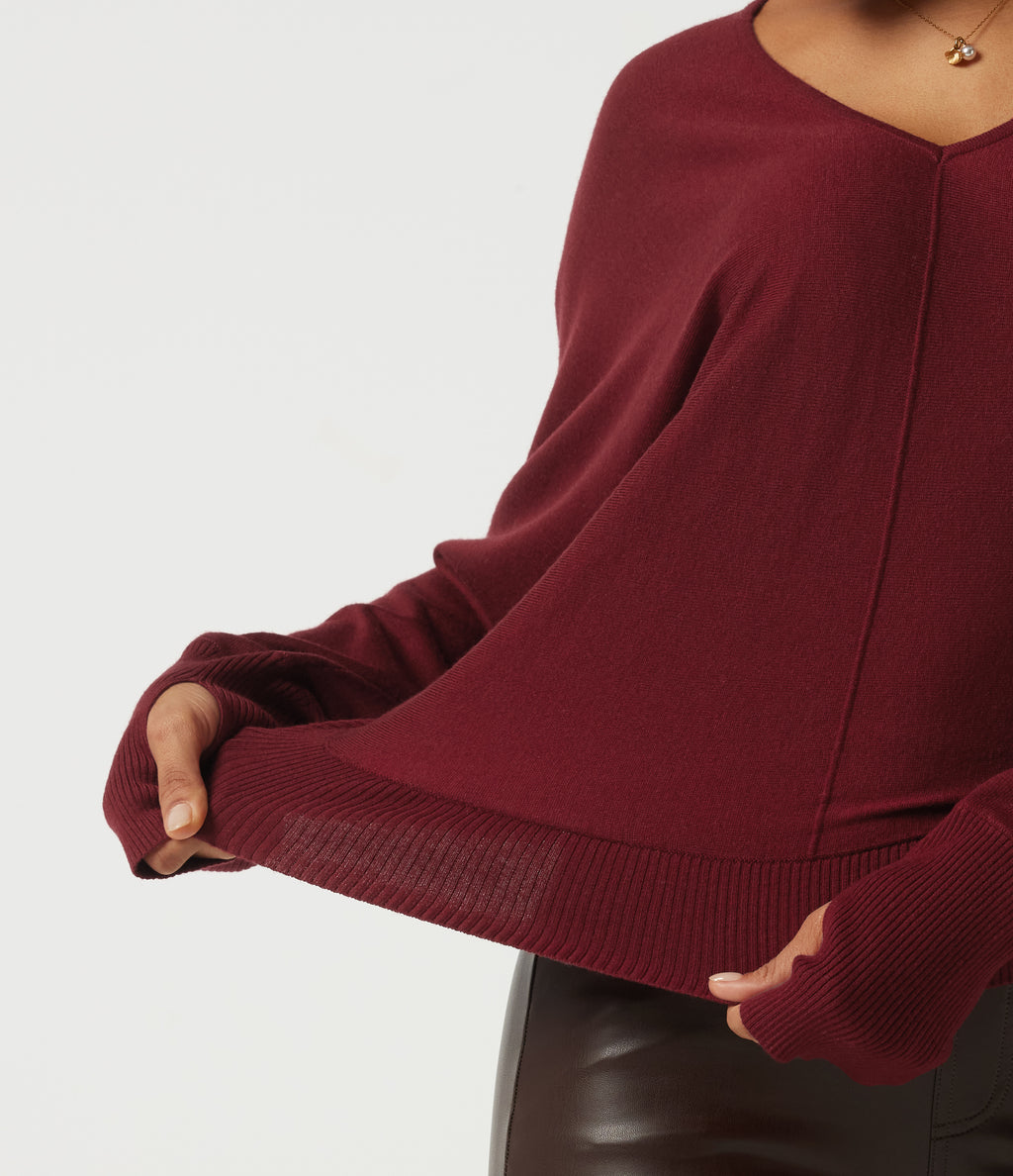 V Neck Batwing Long Sleeve Casual Jumper with Thumbholes — Wine Red — view 7