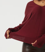 V Neck Batwing Long Sleeve Casual Jumper with Thumbholes — Wine Red — view 7