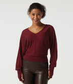 V Neck Batwing Long Sleeve Casual Jumper with Thumbholes — Wine Red — view 1