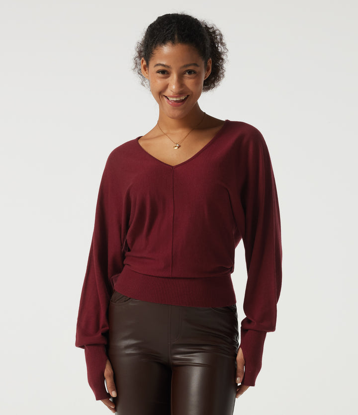 V Neck Batwing Long Sleeve Casual Jumper with Thumbholes — Wine Red — view 1