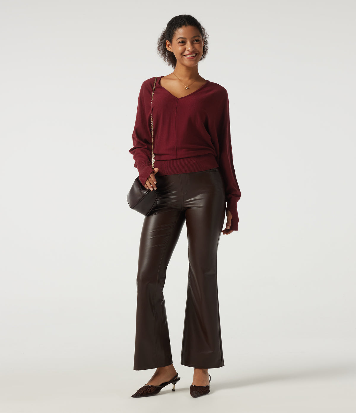 V Neck Batwing Long Sleeve Casual Jumper with Thumbholes — Wine Red — view 8