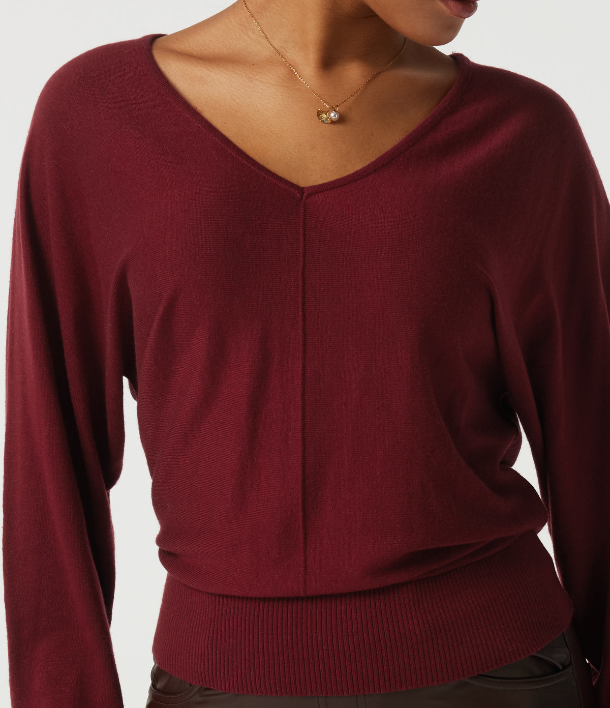 V Neck Batwing Long Sleeve Casual Jumper with Thumbholes — Wine Red — view 5