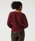 V Neck Batwing Long Sleeve Casual Jumper with Thumbholes — Wine Red — view 2
