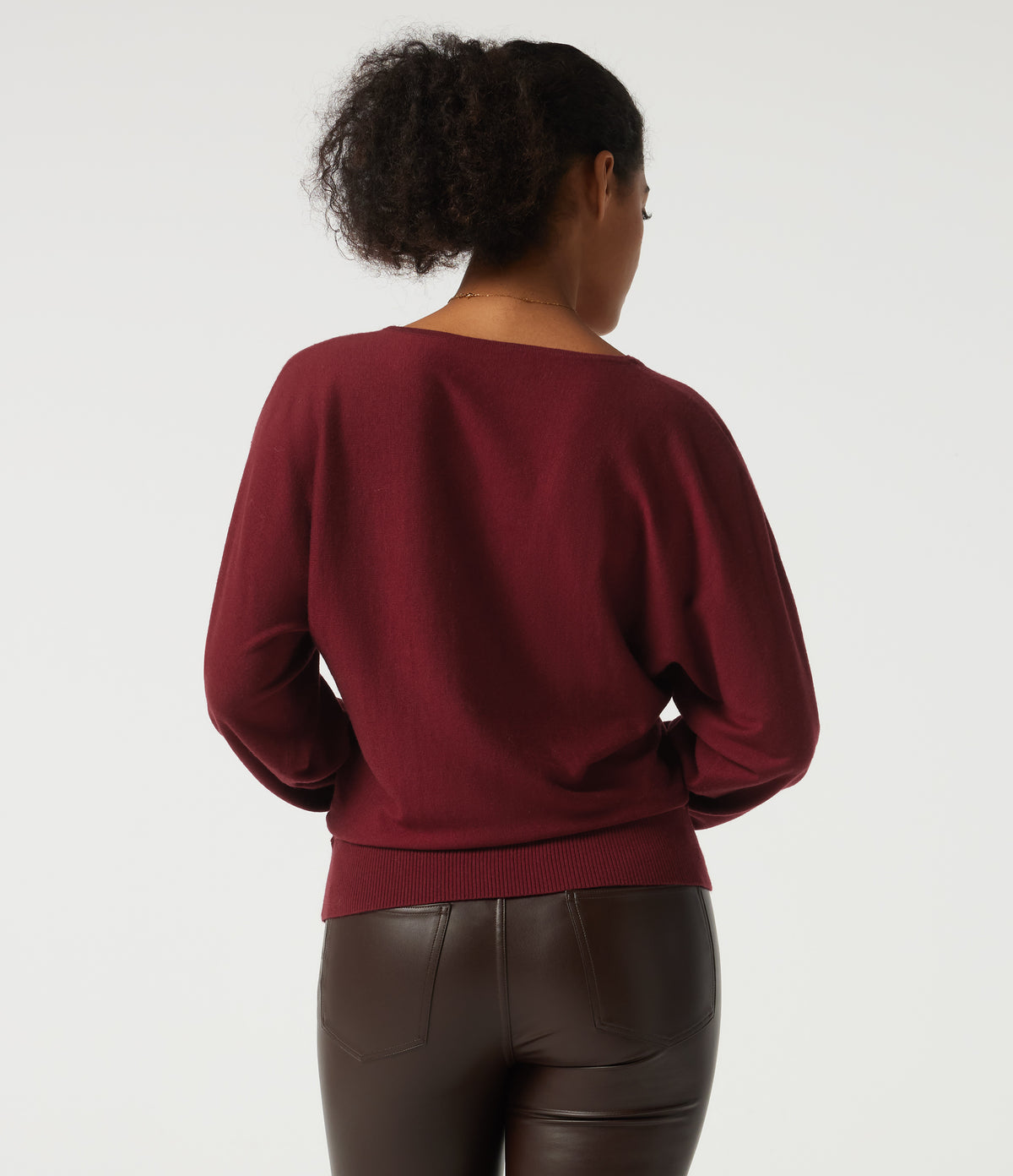 V Neck Batwing Long Sleeve Casual Jumper with Thumbholes — Wine Red — view 2