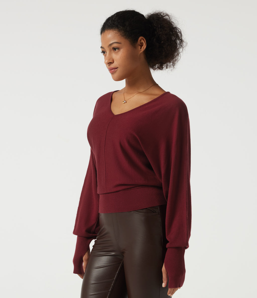 V Neck Batwing Long Sleeve Casual Jumper with Thumbholes — Wine Red — view 3
