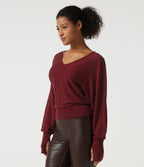 V Neck Batwing Long Sleeve Casual Jumper with Thumbholes — Wine Red — view 3