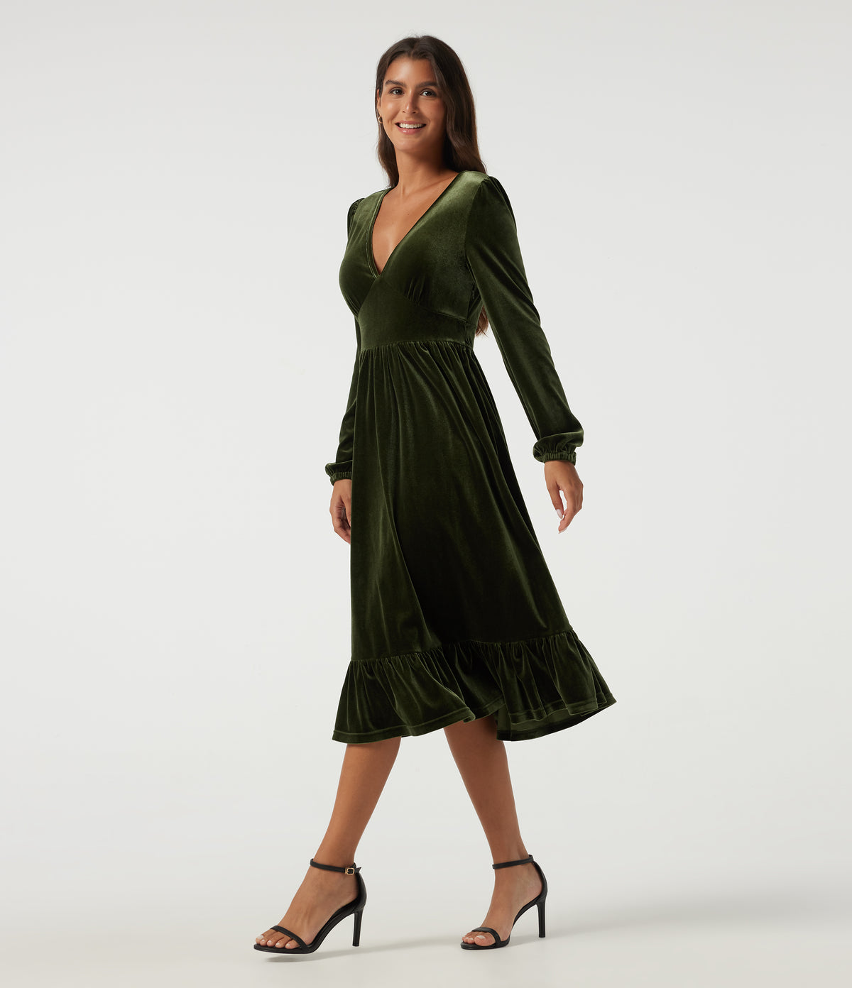 Deep V Neck Long Sleeve Ruffle Hem Velvet Midi Dress — Rifle Green — view 3