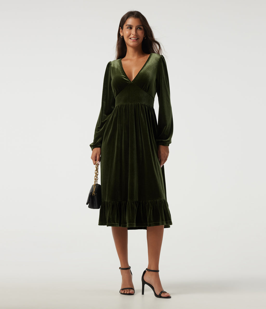 Deep V Neck Long Sleeve Ruffle Hem Velvet Midi Dress — Rifle Green — view 7