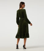 Deep V Neck Long Sleeve Ruffle Hem Velvet Midi Dress — Rifle Green — view 2