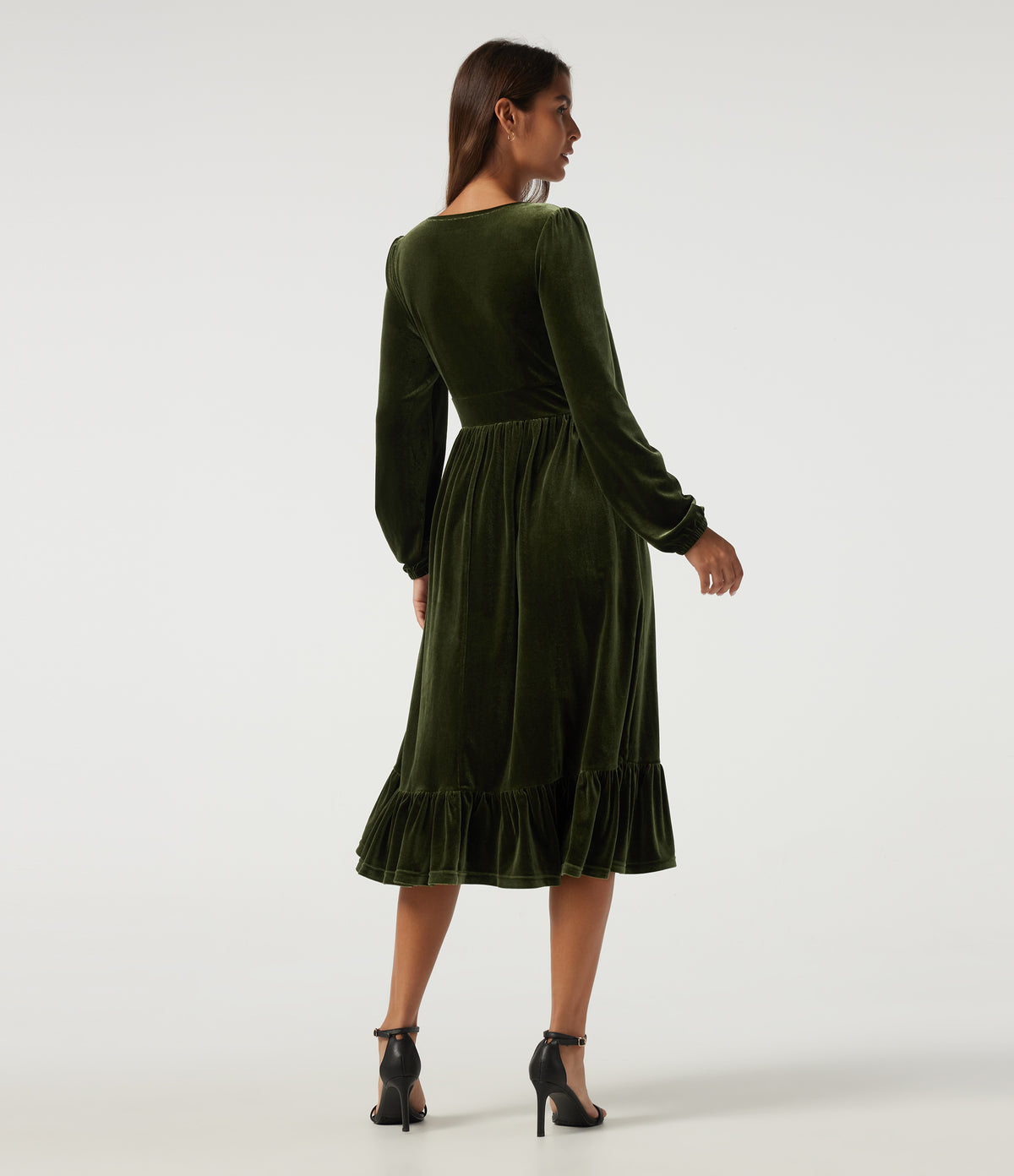 Deep V Neck Long Sleeve Ruffle Hem Velvet Midi Dress — Rifle Green — view 2